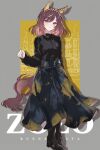  1girl animal_ears black_boots black_shirt black_skirt blush boots braid breasts brown_hair buena_vista_(umamusume) checkered_hairband commentary_request ear_covers full_body hair_between_eyes hair_ornament hairband highres horse_ears horse_girl horse_tail looking_at_viewer medium_hair official_alternate_costume parted_lips purple_eyes ri_cochet shirt skirt smile solo tail umamusume zozotown 