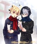  2boys ahoge bad_id bad_pixiv_id banned_artist black_hair blonde_hair blue_eyes breath coat hyde_(under_night_in-birth) male_focus multicolored_hair multiple_boys new_year red_eyes red_scarf scarf seth_(under_night_in-birth) short_hair snow snowing two-tone_hair under_night_in-birth white_hair winter_clothes winter_coat yusano 