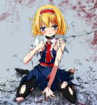  1girl abuse alice_margatroid animal_collar black_pantyhose blonde_hair blood blood_in_hair blood_on_face blue_dress blue_eyes blush brown_collar capelet chain chain_leash collar commentary_request crying crying_with_eyes_open cuffs dress frilled_hairband frills hairband highres leash medium_hair pantyhose red_hairband ryona shackles sitting solo tears toes torn_clothes torn_dress torn_pantyhose touhou translation_request trembling tsuukinkaisoku_oomiya wariza white_capelet 