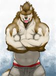  abs amazing anthro biceps brown_fur canine chubby clothing crossed_arms fangs fb1907 fur grin looking_at_viewer male mammal musclegut muscles open_mouth pecs pose shorts smile solo standing tan_fur teeth tongue topless wolf 