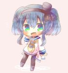  1girl :d anchor_symbol bangs black_hair black_legwear blue_eyes blue_hair blush brown_background chibi eyebrows_visible_through_hair fang full_body gradient_hair green_eyes hair_between_eyes hairband hand_up hat kantai_collection kouu_hiyoyo long_hair long_sleeves mini_hat multicolored_hair neckerchief open_mouth panties pantyhose sailor_collar school_uniform shirt short_hair short_hair_with_long_locks side-tie_panties sleeves_past_wrists smile solo standing tied_shirt tokitsukaze_(kantai_collection) underwear yellow_neckwear 