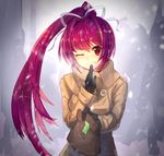  bad_id bad_pixiv_id bag banned_artist black_gloves blush casual coat gloves grin hair_intakes hair_ribbon highres long_hair looking_at_viewer one_eye_closed paper_bag ponytail purple_hair red_eyes ribbon smile solo under_night_in-birth valentine yusano yuzuriha_(under_night_in-birth) 