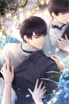  1boy 2boys black_bow black_bowtie black_eyes black_hair blue_flower blue_rose bow bowtie bracelet chandelier flower formal_clothes highres jacket jewelry li_zeyan looking_at_viewer love_and_producer male_focus mirror multiple_boys non-web_source official_art reflection rose short_hair solo_focus suit traditional_bowtie tuxedo vest 