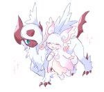  :d absol animal_focus aqua_eyes asymmetrical_horns audino bc_pkm body_fur bright_pupils claws closed_eyes commentary_request feathered_wings fluffy full_body horns korean_commentary looking_at_another mega_absol mega_audino mega_pokemon neck_fur no_humans one_eye_covered open_mouth pink_fur pokemon pokemon_(creature) pokemon_focus red_horns simple_background smile standing two-tone_fur uneven_horns white_background white_fur white_pupils white_wings wings yellow_fur 