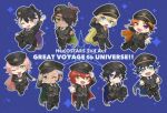  6+boys :d adjusting_clothes adjusting_headwear animal_ear_piercing animal_ears aqua_eyes aragami_oga arurandeisu arurandeisu_(old_design) astel_leda beard black_boots black_hair black_hat black_jacket black_pants black_vest blonde_hair blonde_streaks blue_background blue_cape blue_eyes blue_hair blue_necktie boots bowing buttons cape chibi chibi_only collared_shirt commentary_request dark-skinned_male dark_skin demon_horns double-breasted earrings english_text eyepatch facial_hair fang flower garrison_cap glasses gold_trim green_cape green_eyes green_necktie grey_hair grin hair_flower hair_ornament half_updo hanasaki_miyabi hat heterochromia highres holostars holostars_idol_uniform_(2nd_act) horns idol_clothes jackal_boy jackal_ears jackal_tail jacket jewelry kageyama_shien kanade_izuru kishido_temma light_blush male_focus mioto_(tsubsq_m) mole mole_under_eye multicolored_hair multiple_boys necktie one_eye_closed orange_cape orange_eyes orange_hair orange_necktie outstretched_arm pants peaked_cap pink_cape pink_flower pink_hair pink_necktie purple_cape purple_eyes purple_necktie red_cape red_hair red_necktie rikka_(holostars) round_eyewear salute sharp_teeth shirt single_earring single_horn skin_fang smile sparkle sparkle_background streaked_hair tail teeth vest virtual_youtuber waistcoat white_hair white_shirt white_streaks yellow_cape yellow_eyes yellow_necktie yukoku_roberu 