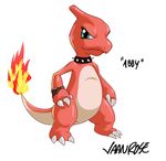 abbbbbbk( abby blue_eyes charmeleon claws collar female feral fire looking_at_viewer nintendo plain_background pok&#233;mon pok&eacute;mon solo standing twitch_plays_pokemon vaanrose video_games white_background 
