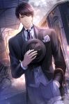  1boy black_hair black_jacket black_pants blue_eyes closed_mouth cloud formal_clothes grey_vest hand_in_pocket hat highres holding holding_umbrella jacket li_zeyan long_sleeves looking_at_viewer love_and_producer male_focus necktie non-web_source official_art outdoors pants shirt short_hair sky solo standing suit train train_station tree umbrella unworn_hat unworn_headwear vest white_shirt 