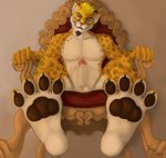 4_toes anthro balls barefoot biceps blonde_hair erection facial_hair feline foot_focus goatee green_eyes grin hair humanoid_penis kory leopard looking_at_viewer male mammal muscles pawpads paws pecs penis plain_background reclining sitting solo throne toned 