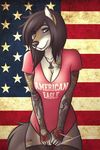  black_hair black_nose blue_eyes breasts brown_fur canine ear_piercing female fur grey_fur hair looking_at_viewer mammal piercing smile solo spacepoptart tan_fur tattoo wolf 