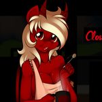  apron breasts chilly_pepper cleavage clothed clothing cup dark_background dragon equine female hair horn horse hybrid kloudmutt looking_at_viewer mammal red_body red_eyes solo spoon white_hair 
