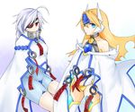  ahoge blazblue blonde_hair blue_eyes bodysuit cape eyepatch hekikuu_(kanaderuyume) mu-12 multiple_girls nu-13 red_eyes silver_hair 