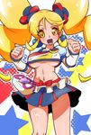  alternate_form blonde_hair blue_skirt blush bow breasts crop_top cure_honey earrings happinesscharge_precure! jewelry large_breasts long_hair magical_girl md5_mismatch midriff multicolored multicolored_clothes multicolored_skirt navel oomori_yuuko popcorn_cheer precure ryuuta_(cure_ryuuta) shiny shiny_skin skirt smile solo star starry_background twintails underboob wrist_cuffs yellow_eyes 