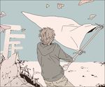  back flag hood hoodie kai_(dweep) male_focus nagi_no_asukara oekaki paper_airplane rubble sakishima_hikari solo 