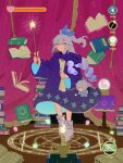  1girl blue_bow blue_robe book boots bow candle chibi crystal_ball curtains drill_hair floating floating_book floating_object grey_boots grey_eyes grey_hair hair_bow helen_jee hexagram high_ponytail highres holding holding_map holding_wand honkai:_star_rail honkai_(series) long_sleeves magic_circle map open_book ponytail robe silver_wolf_(honkai:_star_rail) smile solo star_(symbol) star_of_david star_print wand wide_sleeves 