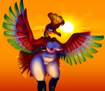  anthro anthrofied avian beak big_nipples bird breasts chubby cloud elpatrixf eyelashes feathers female flying fur happy hi_res ho-oh legendary_pok&#233;mon legendary_pok&eacute;mon looking_at_viewer nintendo nipples nude orange_background outside plain_background pok&#233;mon pok&eacute;mon pussy raised_arm red_eyes shadow shiny sky smile solo standing sun thick_thighs video_games wide_hips yellow_background 