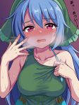  1girl absurdres blue_hair blush breasts chinese_commentary collarbone commentary_request dress fanning_self green_dress green_headscarf haniyasushin_keiki headscarf highres hot large_breasts looking_at_viewer open_mouth pink_eyes shgngzhngdeyti1 single_strap solo sweat touhou translation_request 