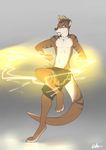  4_toes anthro blue_eyes clothed clothing hair lost-paw male mammal mustelid navel otter plain_background short_hair solo toes 