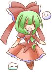  blush boots bow chibi frills green_hair hair_bow kagiyama_hina kedama open_mouth tilde_(ice_cube) touhou |_| 