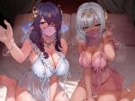  2girls :o aqua_eyes ayul_(ayulneri_92) babydoll bare_shoulders barefoot blue_eyes blush bracelet breasts cleavage closed_mouth commentary_request dark-skinned_female dark_skin elf eyes_visible_through_hair grey_hair hair_over_one_eye hand_up highres jewelry large_breasts lingerie looking_at_viewer medium_hair mouth_veil multiple_girls open_mouth original panties pillow pointy_ears purple_hair red_panties see-through_clothes see-through_veil sitting smile underwear veil 