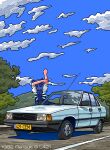  1girl absurdres blue_bow blue_dress blue_hair blue_sky bow car cirno cloud commentary_request day detached_wings dress facing_away from_behind hair_bow highres ice ice_wings kasuya_baian motor_vehicle outdoors pinafore_dress puffy_short_sleeves puffy_sleeves renault road shirt short_sleeves sky sleeveless sleeveless_dress solo stretching touhou vehicle_focus white_car white_shirt wings 