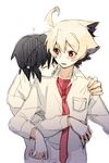  bad_id bad_pixiv_id banned_artist black_hair blonde_hair blush hug hug_from_behind hyde_(under_night_in-birth) male_focus multicolored_hair multiple_boys necktie red_eyes school_uniform seth_(under_night_in-birth) shirt short_hair two-tone_hair under_night_in-birth yaoi yusano 