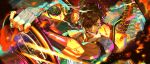  1boy ammunition_belt black_gloves brown_hair bullet car cigarette dark-skinned_male dark_skin driving explosive eyepatch fingerless_gloves fire fur_trim gloves grenade gun hair_over_one_eye highres jacket lagoon_(yumekuro) male_focus mature_male motor_vehicle mouth_hold muscular non-web_source official_art one_eye_covered scar shirt short_hair smoke smoking solo steering_wheel tear_troughs upper_body weapon yume_shokuin_to_wasureji_no_kuroi_yousei 