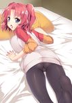  ass bed bed_sheet breasts gusset large_breasts looking_at_viewer looking_back lying mikakunin_de_shinkoukei on_stomach open_mouth pantyhose pillow pink_hair purple_eyes raglan_sleeves short_hair solo two_side_up yappen yonomori_kobeni 
