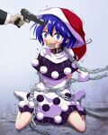  1girl 1other abuse animal_collar arms_behind_back black_capelet black_dress black_jacket blush brown_collar capelet chain collar commentary_request crying crying_with_eyes_open doremy_sweet dress gag gagged gun gun_to_head handgun hat highres holding holding_gun holding_weapon improvised_gag jacket nightcap pom_pom_(clothes) purple_eyes purple_hair red_hat restrained scared sitting socks solo_focus tape tape_gag tears touhou trembling tsuukinkaisoku_oomiya two-tone_dress wariza weapon white_dress white_socks 