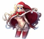  banned_artist bell blonde_hair blue_hair bow breasts character_request christmas cloak commentary_request cropped_legs gloves hat large_breasts long_hair miniskirt navel no_bra red_gloves red_legwear santa_hat skirt smile thighhighs topless underboob very_long_hair yusano 