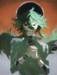  1boy black_shirt black_sun bracelet commentary_request green_eyes hair_between_eyes highres jewelry long_hair long_sleeves looking_at_viewer male_focus n_(pokemon) necklace own_hands_clasped own_hands_together pokemon pokemon_black_and_white shirt solo sun white_shirt zero_(sleepy_meltan) 