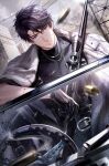  1boy belt black_gloves black_hair black_pants black_shirt blue_eyes boots building bullet closed_mouth coat gloves gun highres holding holding_gun holding_weapon jacket jewelry li_zeyan looking_at_viewer love_and_producer male_focus necklace non-web_source official_art outdoors pants purple_eyes rifle scar scar_on_arm scar_on_cheek scar_on_face shell_casing shirt short_hair sitting sky sniper_rifle solo weapon 