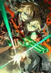  1boy 1girl aiming artist_name barrel blonde_hair blood blood_on_face blue_eyes choker cigarette commission dynamic_pose earrings energy_weapon gloves glowing glowing_eyes green_eyes green_light gun highres holding holding_gun holding_weapon jacket jewelry long_hair magic open_mouth original ponytail red_light routo school_uniform signature skirt smile smirk teeth thank_you torn_clothes weapon 