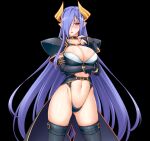  1girl armor belt black_background black_thighhighs blue_hair blush breasts bridal_gauntlets buckle choker cleavage collar covered_nipples cowboy_shot demon_girl demon_horns game_cg gloves hair_over_one_eye highleg highleg_panties horns inoino kara_(monsters_raid) large_breasts large_variant_set long_hair looking_at_viewer monsters_raid navel non-web_source official_art open_mouth panties parted_lips pauldrons pointy_ears purple_hair red_eyes self-datamine shoulder_armor simple_background solo tachi-e thighhighs thong underwear variant_set very_long_hair 