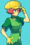  adjusting_clothes adjusting_hat bad_id bad_pixiv_id blue_background cabbie_hat choker gloves green_eyes hat langley_(pokemon) pink_hair pokemon pokemon_(anime) pokemon_bw_(anime) short_hair skyloop19 solo yellow_gloves 