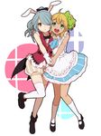  :d alice_(wonderland) alice_(wonderland)_(cosplay) alice_in_wonderland bad_id bad_pixiv_id blonde_hair blue_hair blush boots bow bowtie brown_eyes cosplay crossdressing dress full_body gloves green_eyes hair_bow hair_over_one_eye holding_hands inazuma_eleven inazuma_eleven_(series) kazemaru_ichirouta kneehighs long_hair male_focus mary_janes miyasaka_ryou multiple_boys open_mouth otoko_no_ko ponytail shoes smile thighhighs tomo_(sjim) white_legwear white_rabbit white_rabbit_(cosplay) 