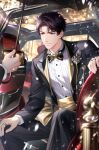  1boy 2boys black_bow black_bowtie black_hair black_jacket black_pants black_suit blurry bow bowtie car car_interior closed_mouth collared_shirt formal_clothes highres holding holding_umbrella jacket jewelry li_zeyan long_sleeves love_and_producer male_focus motor_vehicle multiple_boys non-web_source official_art outdoors pants parted_bangs purple_eyes ring shirt short_hair sitting smile snowing solo_focus suit traditional_bowtie tuxedo umbrella white_shirt 