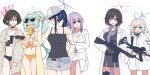  6+girls aqua_hair arius_squad_(blue_archive) assault_rifle atsuko_(blue_archive) atsuko_(swimsuit)_(blue_archive) baseball_cap bikini black_bikini black_hair black_tank_top blue_archive blue_eyes blue_hair breasts brown_eyes cleavage coat commentary_request corn corn_cob cowboy_shot cup cutoffs disposable_cup eating floral_print floral_print_bikini grey_hair grey_shorts gun h&amp;k_hk33 hat highres hiyori_(blue_archive) hiyori_(swimsuit)_(blue_archive) holding holding_cup holding_gun holding_weapon jacket long_hair maia_(blue_archive) misaki_(blue_archive) misaki_(swimsuit)_(blue_archive) multicolored_hair multiple_girls navel necktie official_alternate_costume ousaka_(buppa_man) ponytail print_bikini purple_eyes purple_necktie rifle saori_(blue_archive) saori_(swimsuit)_(blue_archive) see-through_clothes see-through_jacket shorts side_ponytail sleeveless stomach streaked_hair subaru_(blue_archive) swimsuit tank_top weapon white_coat white_hat 