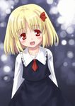  :d blonde_hair blouse blush hair_ribbon kagura_mizuki necktie open_mouth red_eyes red_neckwear ribbon rumia short_hair smile solo touhou vest 