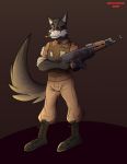 2018 absurd_res amazing anthro canine cigarette clothed clothing digital_drawing_(artwork) digital_media_(artwork) eye_patch eyewear fur gun hi_res looking_at_viewer male mammal ranged_weapon redcoonie rifle robotic_arm scar simple_background smoking solo standing teeth weapon wolf 