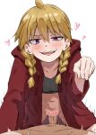 1boy 1girl blonde_hair blush braid censored coat commentary_request cowgirl_position gabu_(yomi_no_tsugai) heart heart_censor hetero hood hoodie long_hair motion_lines oooesonitn open_clothes open_coat penis pov purple_eyes red_coat red_hoodie sex smile straddling twin_braids vaginal white_background yomi_no_tsugai 