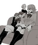  bow couch crossed_legs female_protagonist_(persona_3) kirijou_mitsuru long_hair magazine monochrome multiple_girls nanigashi_(xla009) persona persona_3 persona_3_portable ribbon school_uniform short_hair sitting takeba_yukari yamagishi_fuuka 