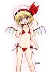  alternate_costume bikini blonde_hair fang flandre_scarlet groin long_hair looking_at_viewer marugoshi_(54burger) open_mouth red_bikini red_eyes side-tie_bikini side_ponytail simple_background smile solo swimsuit touhou white_background wings 
