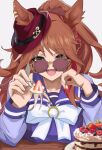  1girl :d animal_ears bow bowtie breasts brown_hair cake collarbone commentary_request ears_through_headwear ekazawa_sdvx fedora food forever_young_(umamusume) fruit green_eyes hat highres holding holding_spoon horse_ears horse_girl incoming_food large_breasts long_hair long_sleeves looking_at_viewer multicolored_hair open_mouth purple-tinted_eyewear purple_sailor_collar purple_shirt red-tinted_eyewear red_streaks sailor_collar sailor_shirt school_uniform shirt smile solo spoon strawberry streaked_hair sunglasses teeth tinted_eyewear tracen_school_uniform umamusume upper_body white_bow white_bowtie white_streaks 