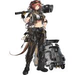  1girl alanna_(arknights) arknights baimudafeiyu bandaged_arm bandages bandaid black_boots black_gloves black_pants boots breasts crop_top elbow_pads full_body gloves goggles goggles_on_head green_eyes hammer hand_on_own_hip hand_up holding holding_hammer holding_wrench jacket knee_pads long_hair looking_at_viewer midriff navel official_art over_shoulder pants pointy_ears ponytail pouch red_hair single_glove single_knee_pad smile solo standing stomach tachi-e tail third-party_source transparent_background wrench 
