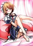  barefoot bed blonde_hair blue_skirt blush canopy_bed hemogurobin_a1c maid maid_headdress mugetsu on_bed pillow pointy_ears puffy_sleeves red_eyes sash short_sleeves sitting sitting_on_bed skirt solo touhou touhou_(pc-98) 