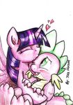  blush dragon equine fangs friendship_is_magic green_eyes hair horn jcoshooves kissing mammal my_little_pony plain_background purple_body purple_hair spike_(mlp) spines traditional_media twilight_sparkle_(mlp) white_background winged_unicorn wings young 