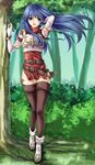  :d ankle_boots armor armored_dress black_legwear blue_eyes blue_hair blush boots bracelet breastplate dark_blue_hair dress elbow_gloves fire_emblem fire_emblem:_monshou_no_nazo forest gloves highres jewelry long_hair nature open_mouth sheeda short_dress shoulder_armor smile solo spaulders thigh_gap thighhighs tree yuino_(fancy_party) 