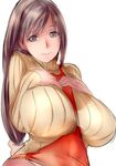  apron bad_id bad_pixiv_id breast_suppress breasts brown_eyes brown_hair character_request dodai_shouji huge_breasts long_hair looking_at_viewer ribbed_sweater simple_background solo sweater turtleneck white_background 