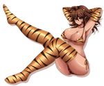  1girl afuro ass bikini breasts brown_hair danganronpa dark_skin green_eyes horns large_breasts long_hair micro_bikini nobu2 owari_akane simple_background smile solo super_danganronpa_2 swimsuit tiger_print white_background 