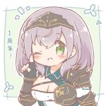  1girl armor black_gloves blush braid breasts cleavage commentary_request fingerless_gloves gloves green_eyes grey_hair grin hair_between_eyes hand_up headpiece highres hololive index_finger_raised large_breasts looking_at_viewer mitarashi_neko notice_lines pauldrons shirogane_noel shirogane_noel_(1st_costume) shoulder_armor smile solo translation_request upper_body 